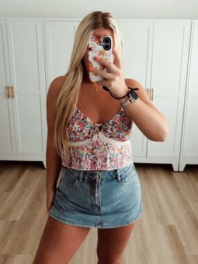 Pink green and orange floral crop tank top